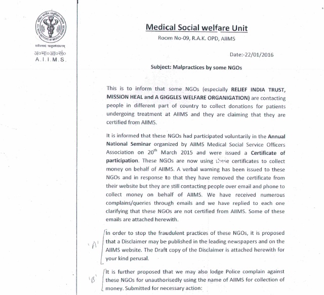 AIIMS reply on fake NGO page 1