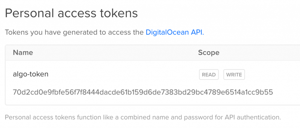 Copy and use the generated token Digitalocean