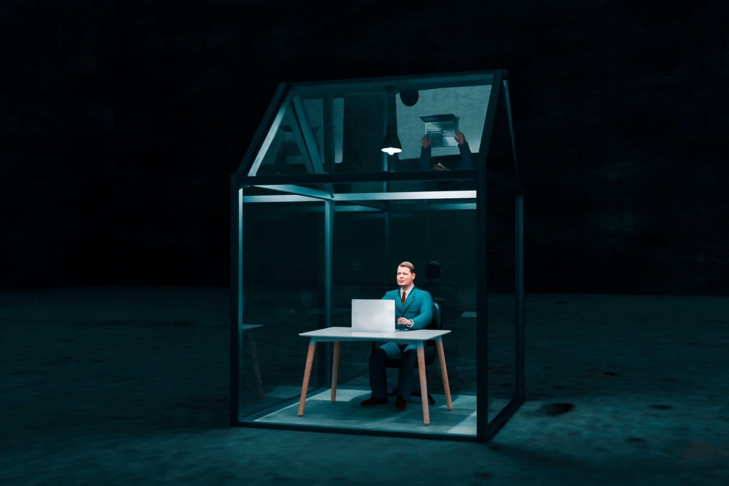 A privacy lover man sitting inside a closed glass house on Moon or Mars 