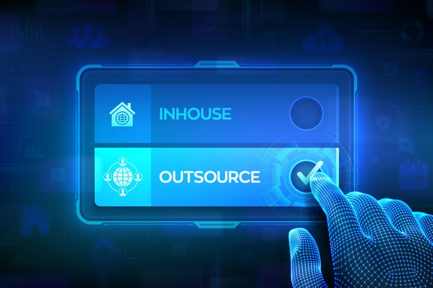 Hand on touch screen checking on outsource button, outsourcing vs in-house