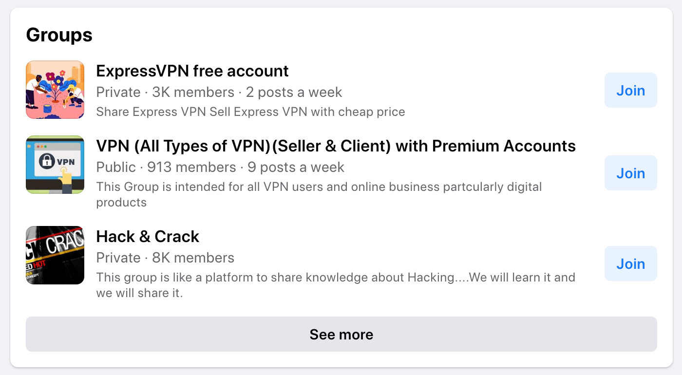 Facebook Groups selling cracked VPN accounts