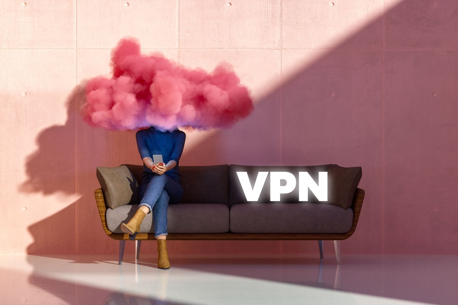 Girl using scam VPN sitting on the couch with pink clouds on the head