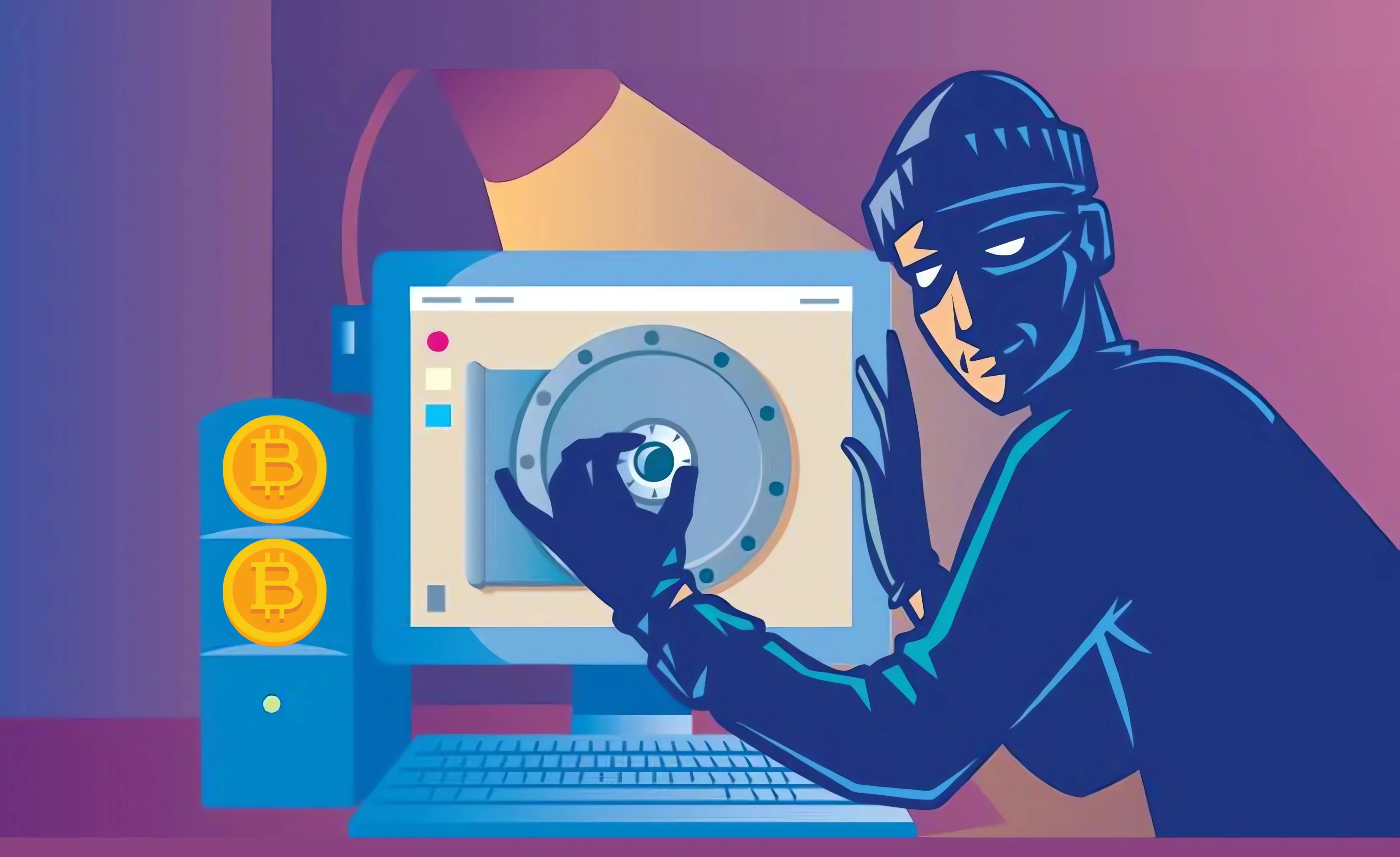 Bitcoin hacker trying to steal unlock bitcoin wallet on desktop computer