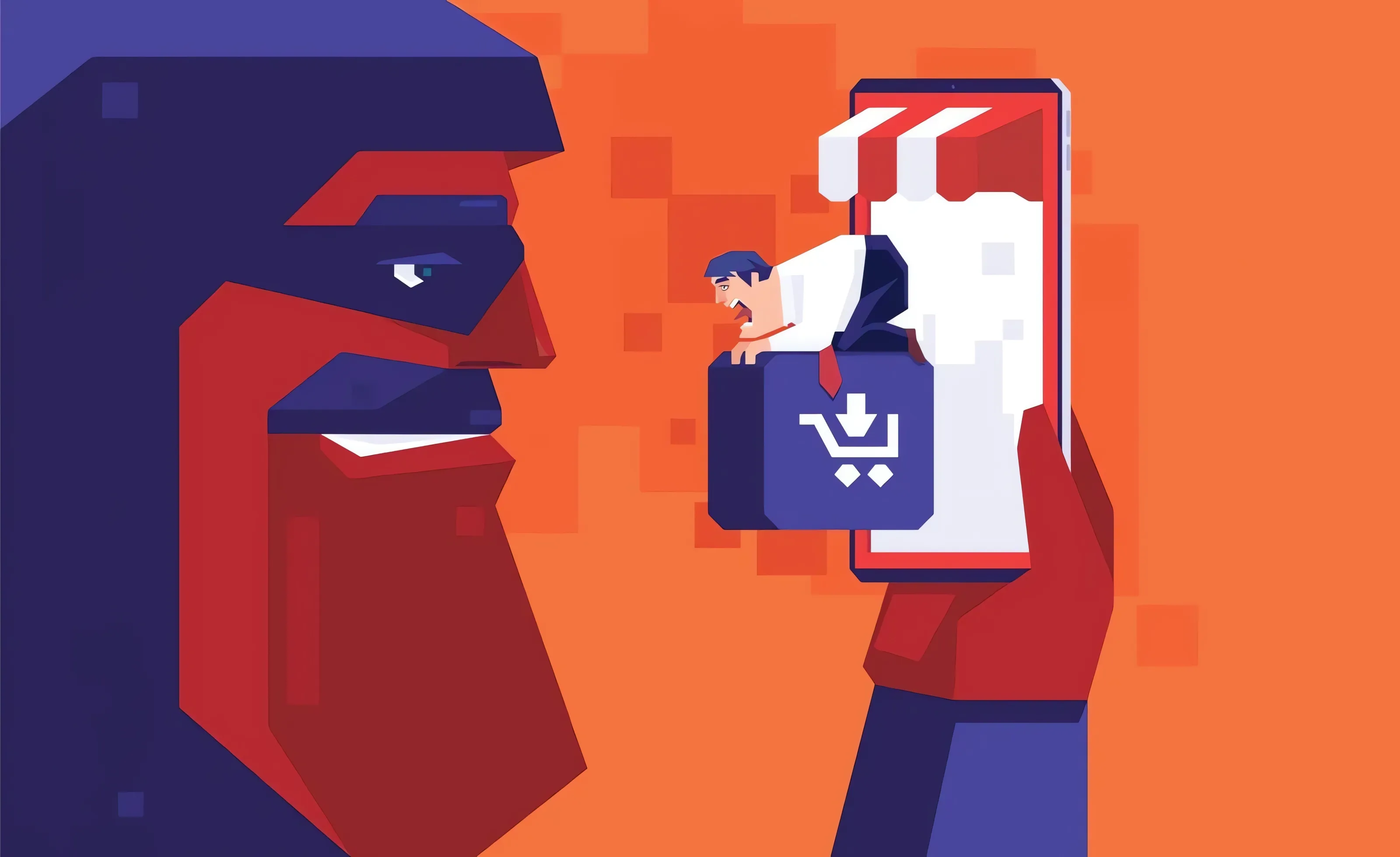 Ecommerce Fraud Illustration - Store owner meeting scammer on smartphone