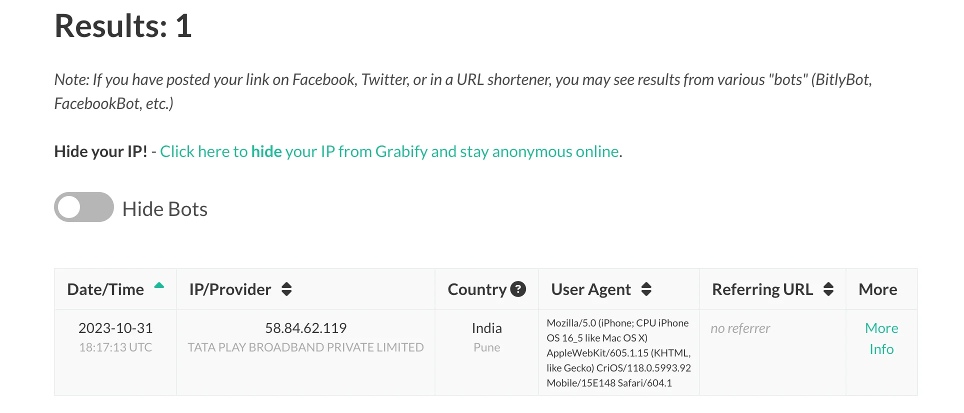 Grabify IP address results