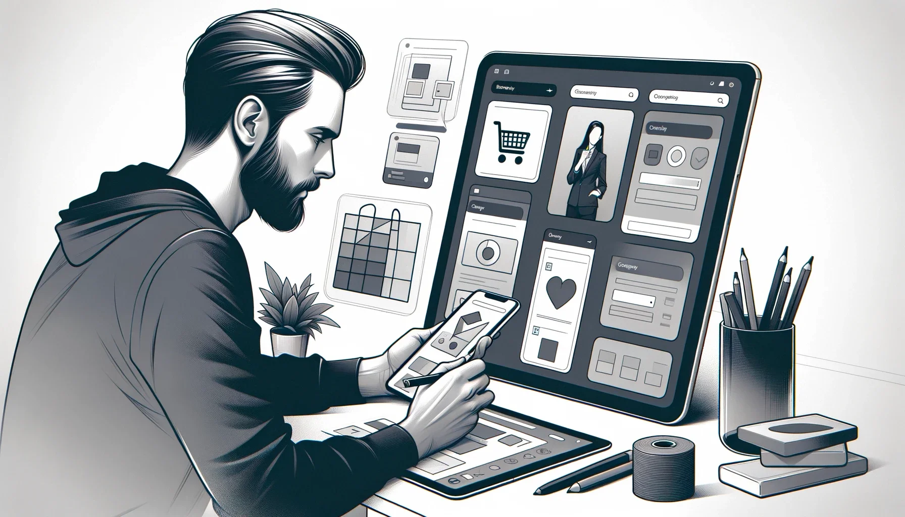 Illustration of an app designer working on the UX of an Ecommerce App