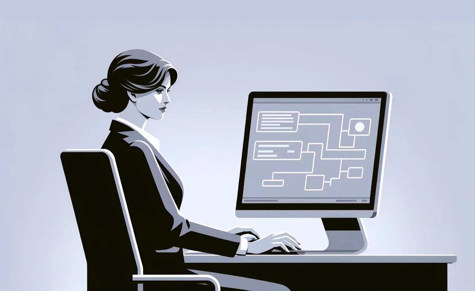 Corporate woman working on a computer with a focus on business workflows