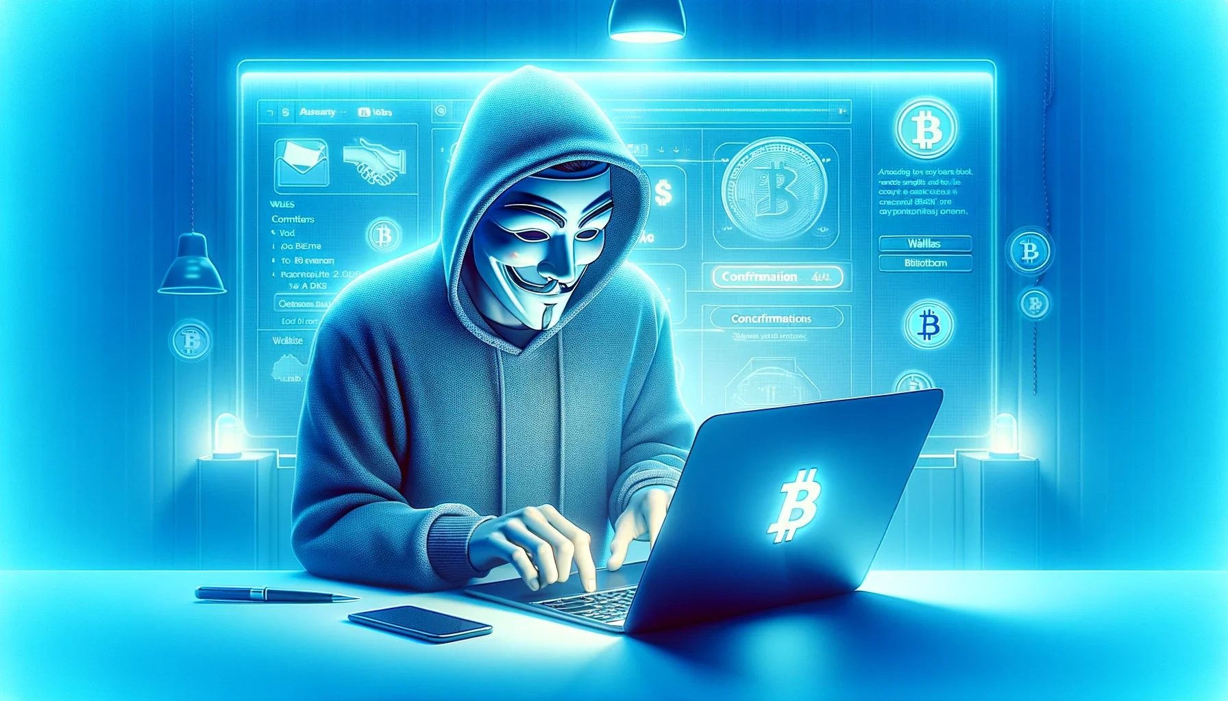 Anonymous individual engaging in a Bitcoin transfer on a laptop
