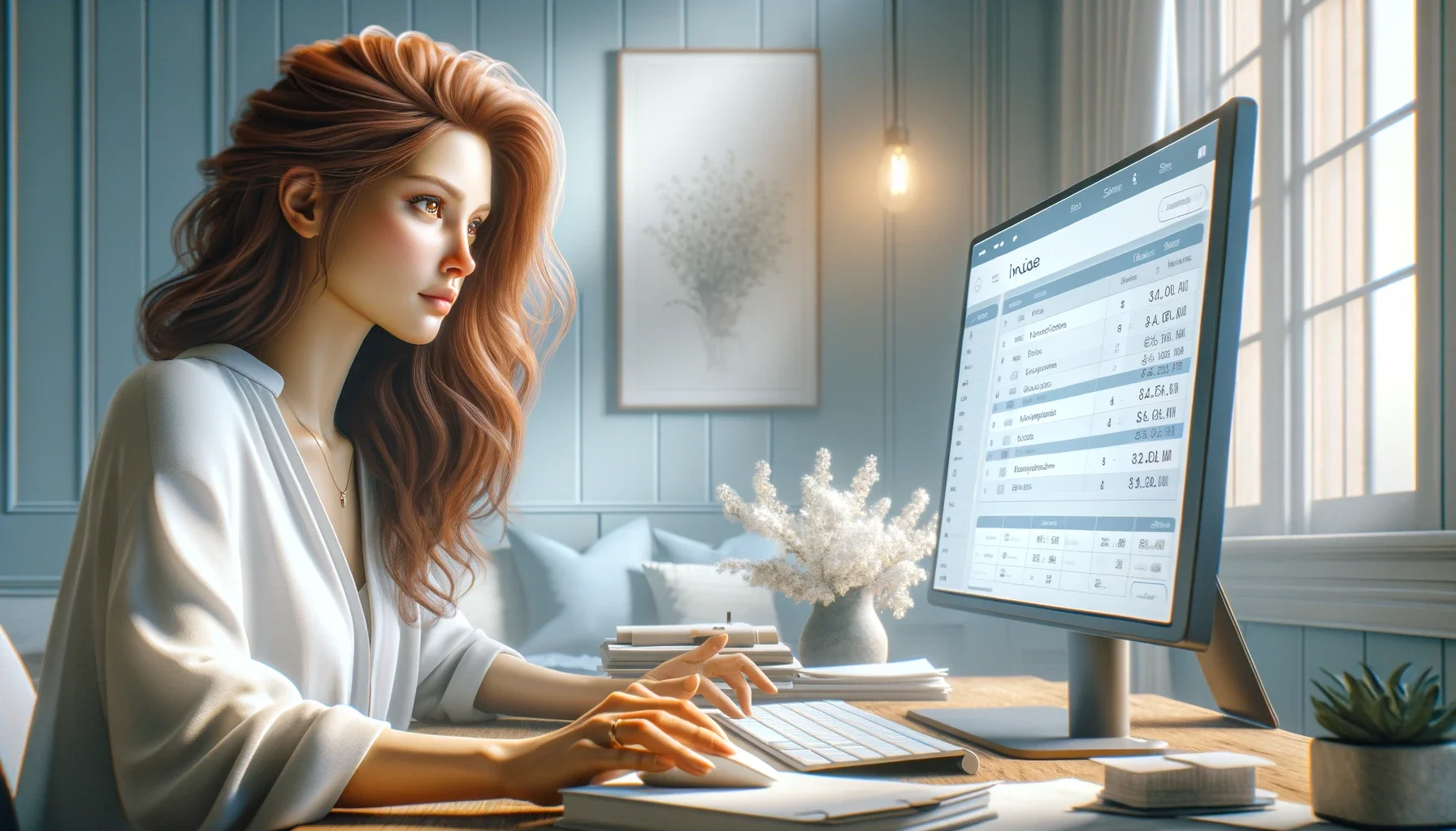 A beautiful girl using Invoice processing software on her computer