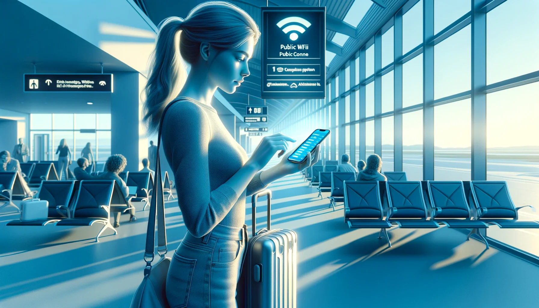 Woman Accessing Public WiFi at the Airport