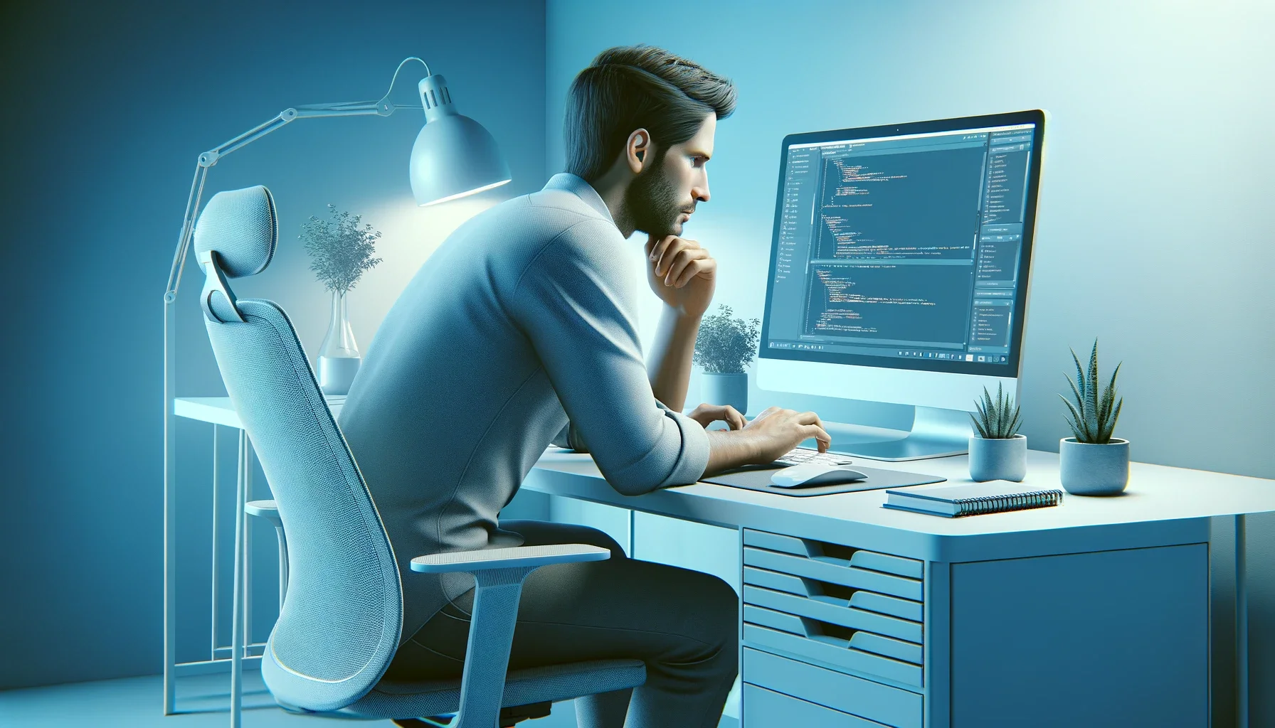 a web developer at his desk, deeply focused on enhancing website performance on his computer