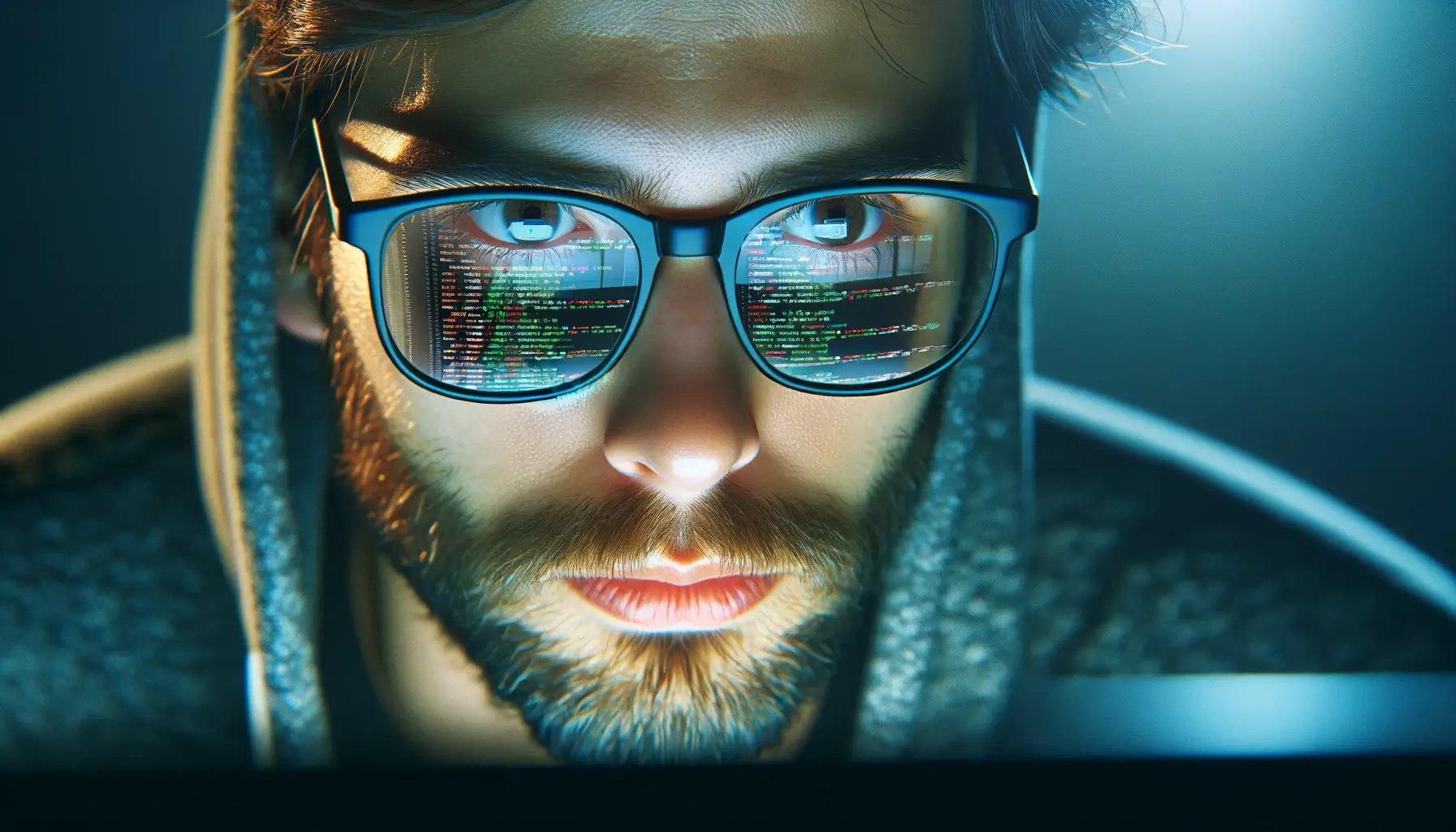 A close-up portrait of a software engineer working on a computer