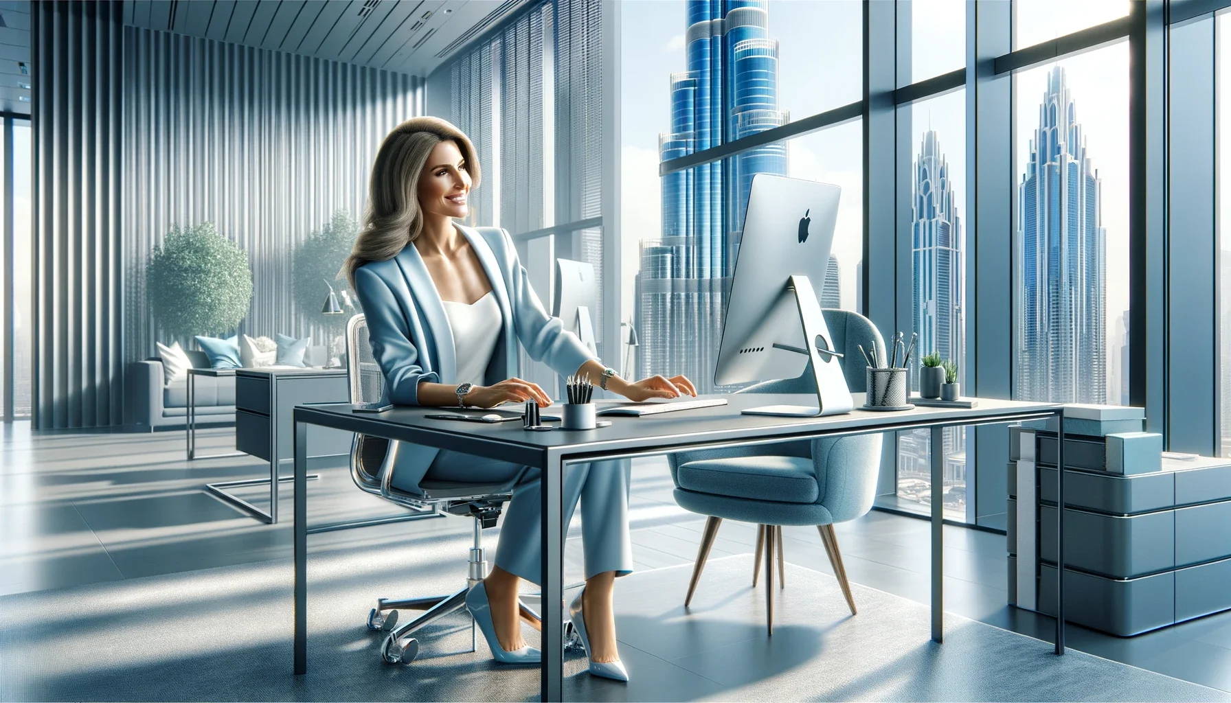 A successful woman tech entrepreneur in her skyscraper office.
