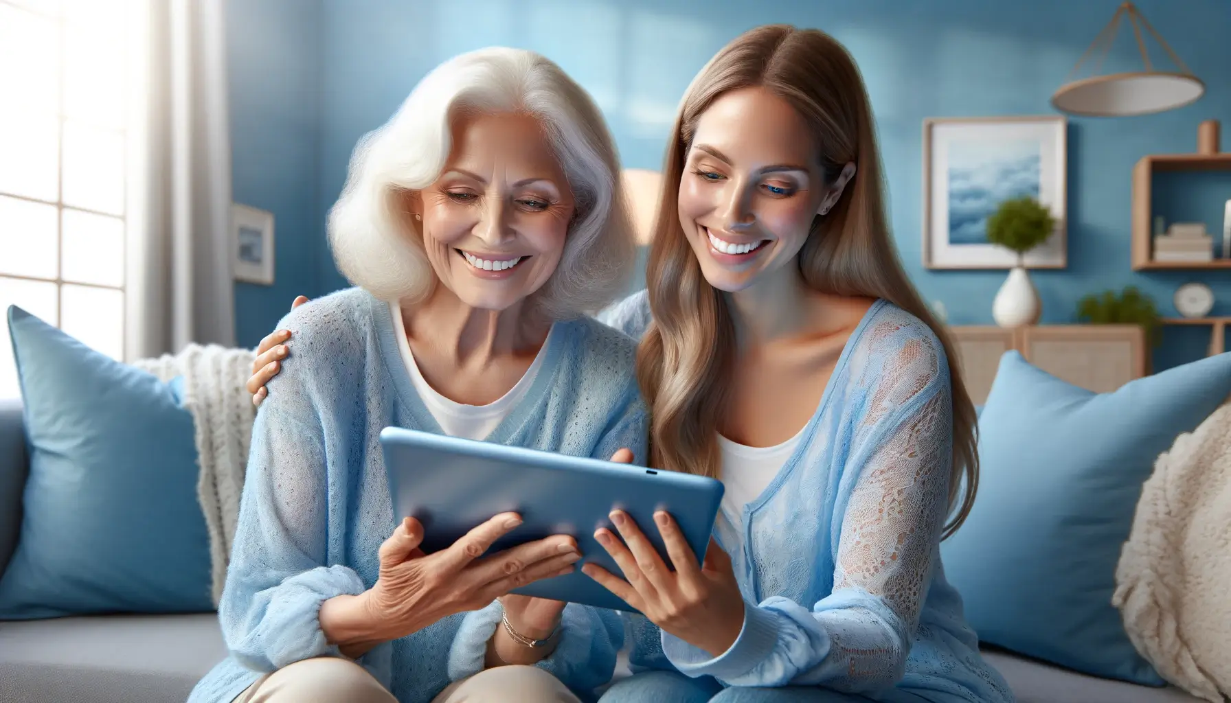 a Cheerful senior mother and adult daughter using an iPad together.