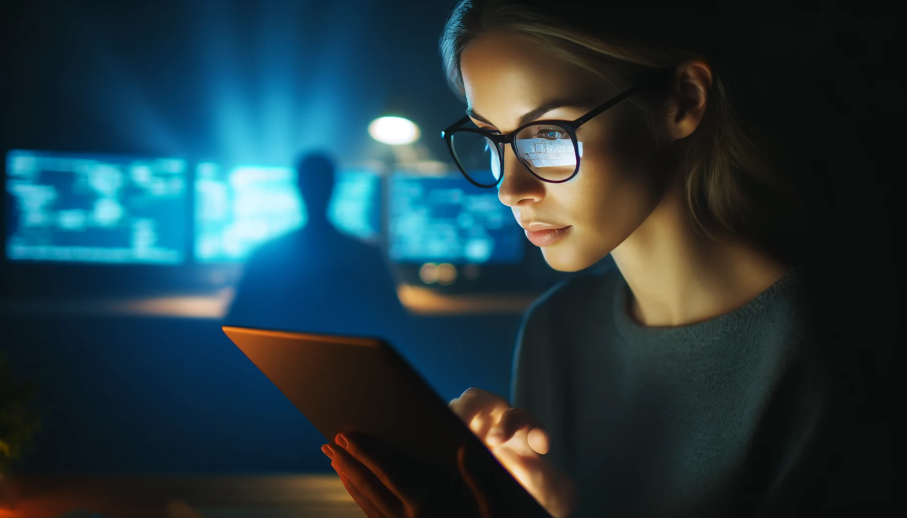 Focused woman in a dimly lit room, intently starring a tablet screen for Biometric authentication