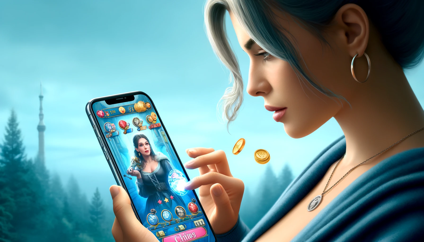 A woman playing a game on her iPhone
