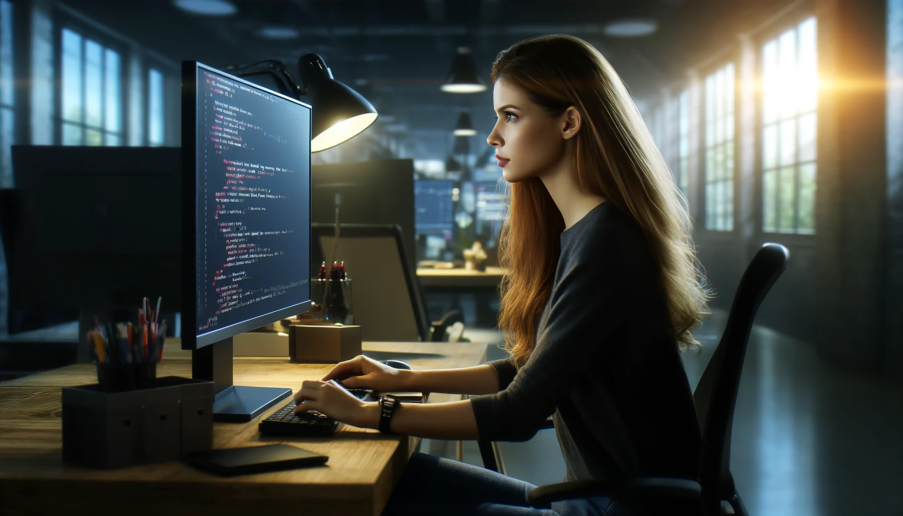 A professional woman working on Knowledge Management at her desk