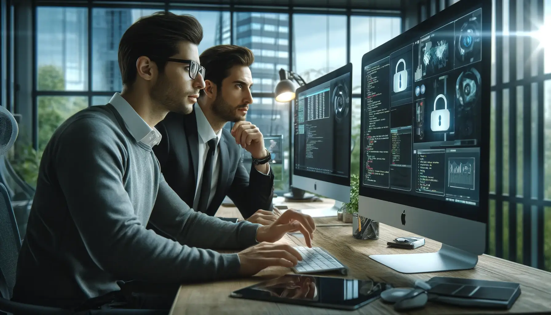 Two cybersecurity experts collaborating on an iMac in a modern office.