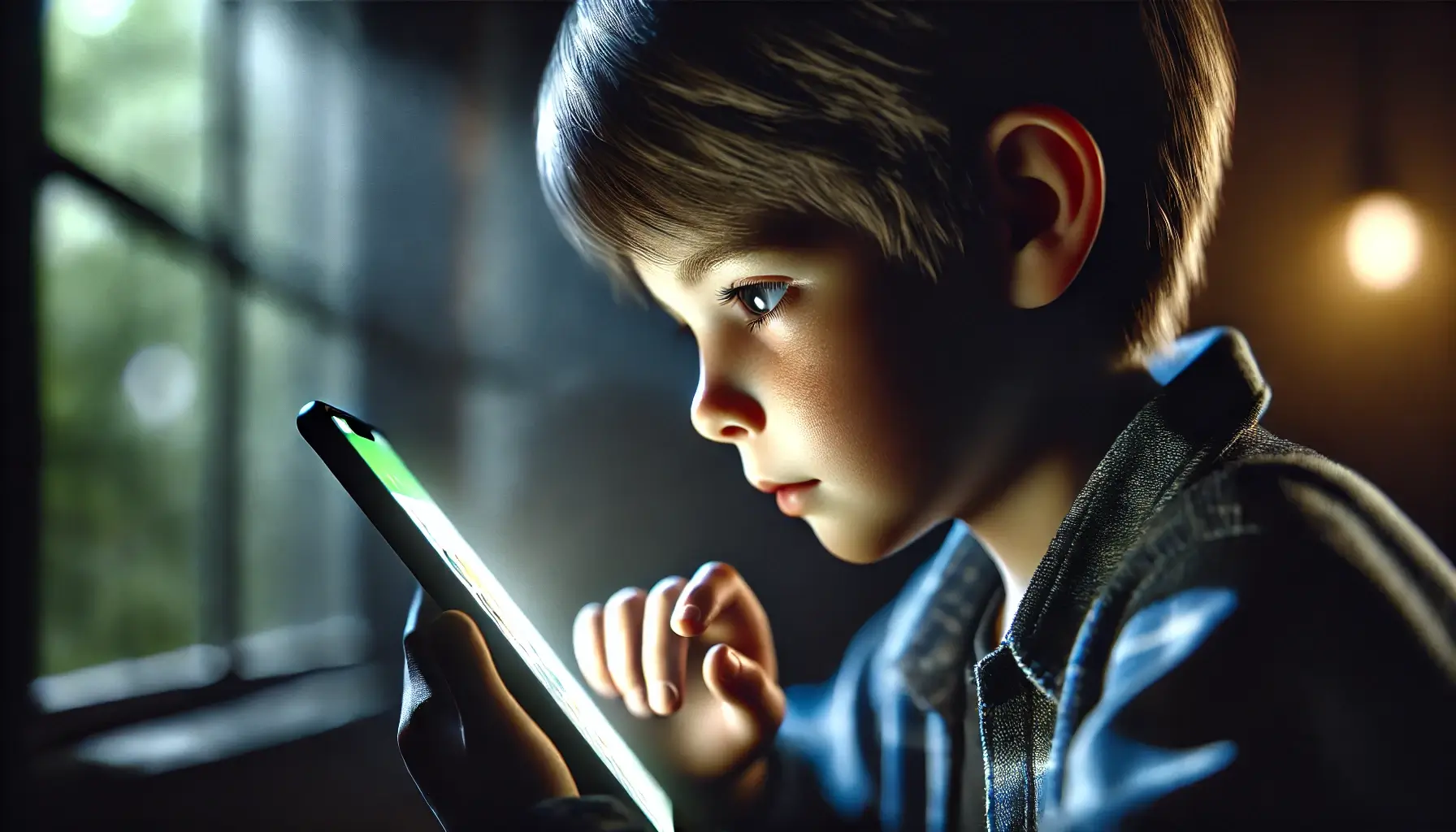 A young boy intensely focused on learning Cybersecurity on his Child-Friendly phone in a dimly lit environment